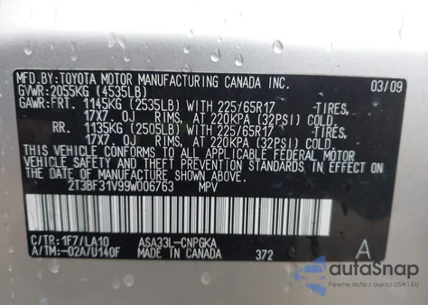 2009 Toyota Rav4 Limited из США, поврежденный, VIN 2T3BF31V99W006763